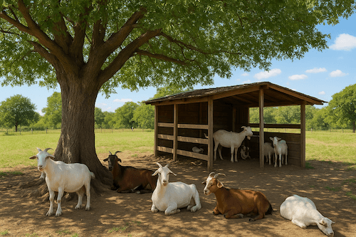 Goats under a tree shade.